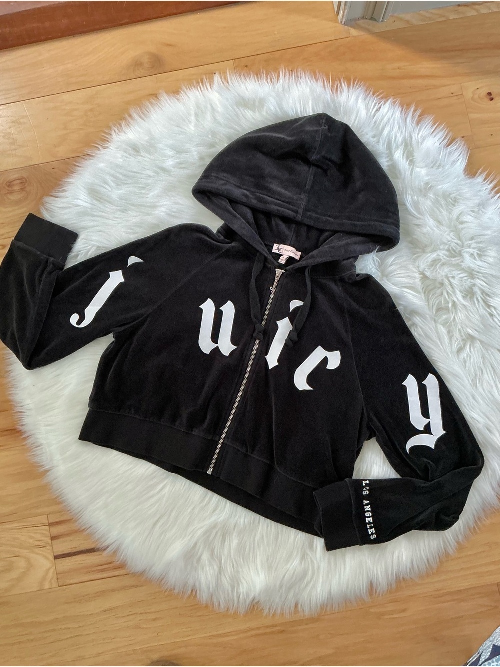 Juicy Couture Black Velour Zip Oversized Cropped Hoodie with White Lettering